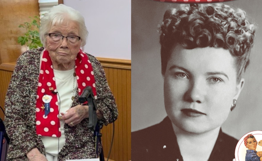 Side by side picture of Agnes McKenna, a WWII Rosie the Rive