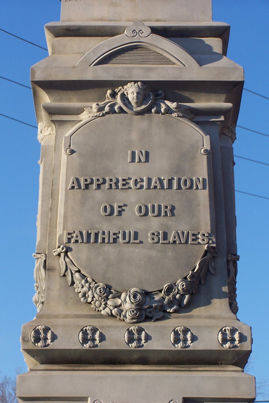 The monument dates back to 1902 and features a Confederate soldier standing atop a pedestal, with one of the markings below mentioning “faithful slaves.”