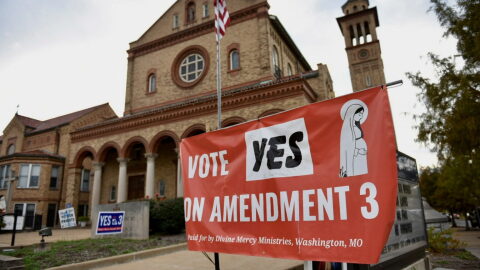 Ahead of the November election, all four Missouri Catholic Bishops issued a letter urging parishioners to vote yes on Amendment 3, which would repeal the 2024 abortion rights amendment. A sign supporting the amendment stands outside Our Lady of Sorrows Catholic Church in St. Louis (Anna Spoerre/Missouri Independent).
