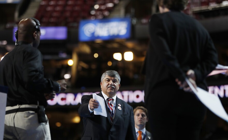 Richard Trumka, president of the AFL-CIO, stands on stage during a walk-through, as he prepares to appear during the 2016 Democratic National Convention in Philadelphia, Ps., on July 25, 2016.