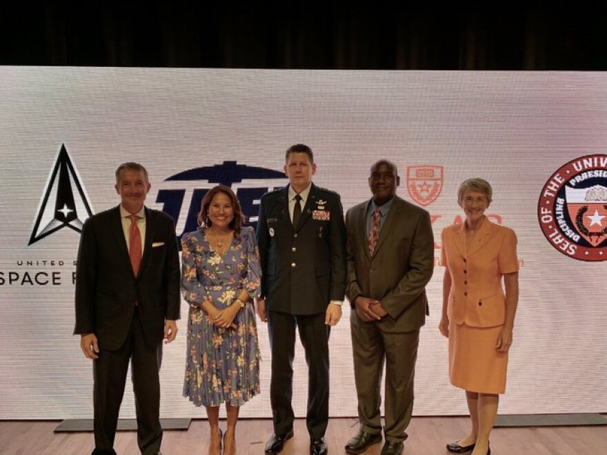 From left to right: UT Austin President Jay Hartzell; U.S. Rep. Veronica Escobar (D-El Paso); Space Force Vice Chief of Space Operations Gen. David D. Thompson; Archie Holmes Jr., The University of Texas System Executive Vice Chancellor for Academic Affairs; Heather Wilson, former Air Force Secretary and UTEP President