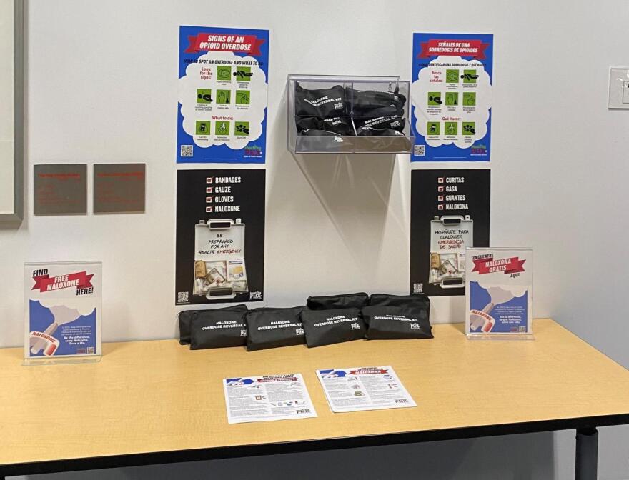 Naloxone kit display at Burton Barr Central Library in Phoenix on August 17, 2023.