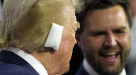 Republican presidential candidate former President Donald Trump and Republican vice presidential candidate Sen. JD Vance, R-Ohio, attend the first day of the Republican National Convention, Monday, July 15, 2024, in Milwaukee. 