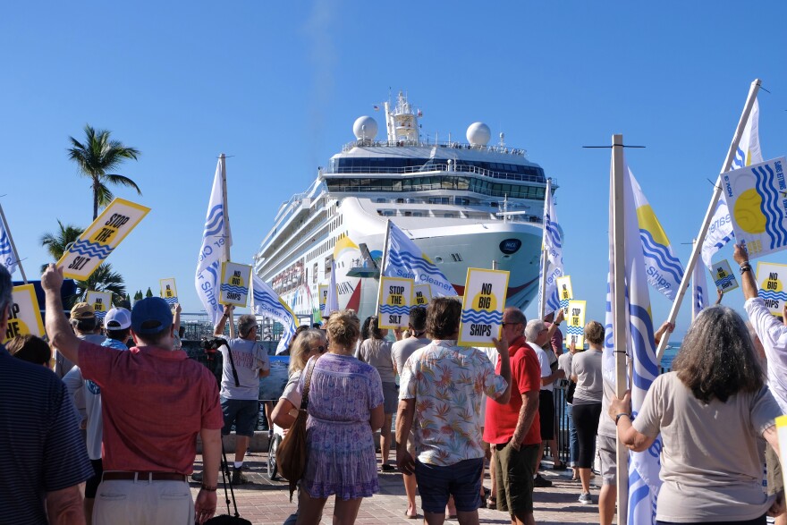 Protesters gathered at Mallory Pier in Key West as the Norwegian Dawn pulled in at Pier B.