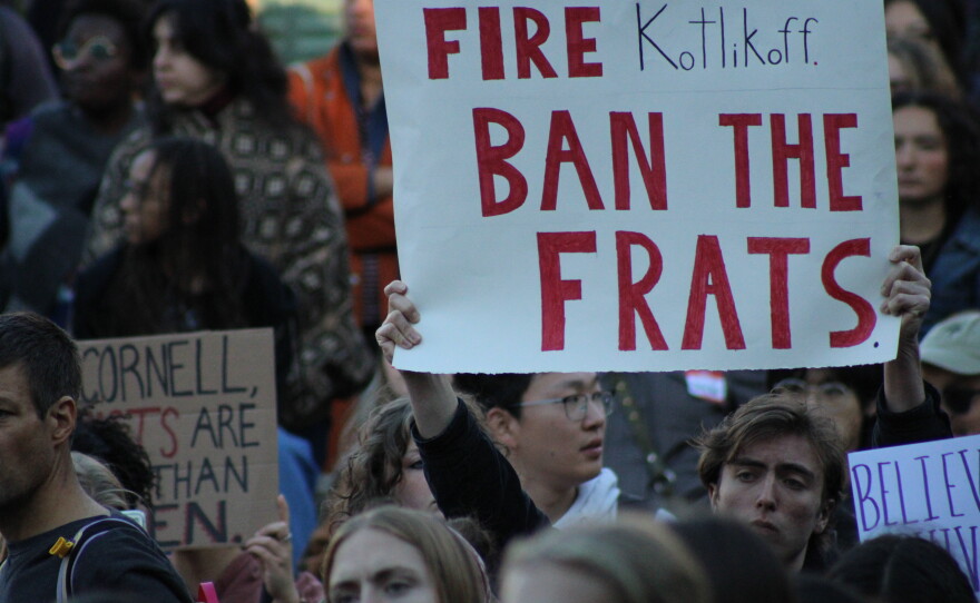 A large crowd gathered on Cornell’s campus Monday afternoon to show support for a Cornell student, known as Jane Doe, who alleges she was raped by fraternity members on campus in 2024.