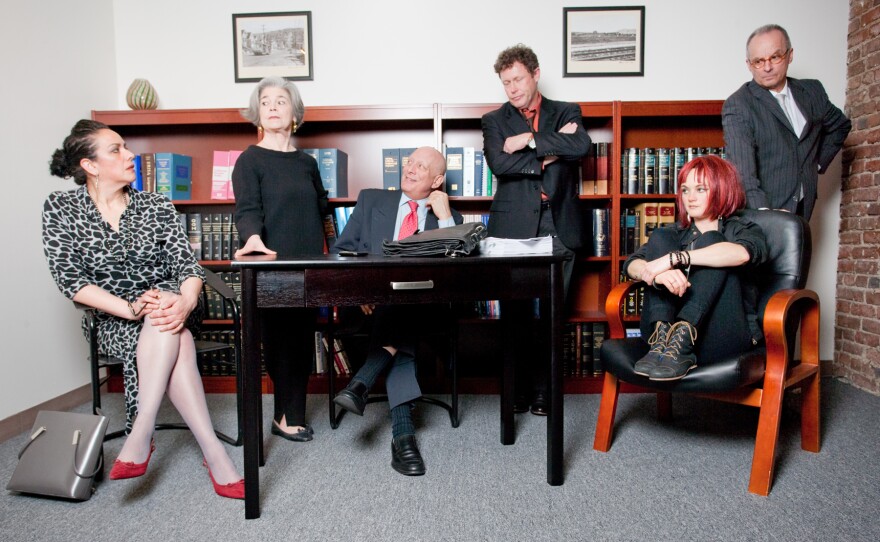 Above: L-R: Catherine Castellanos, Helen Shumaker, Louis Parnell, John Flanagan, Karina Wolfe, and Lol Levy ponder the alternatives in AJ Baker’s THE RIGHT THING