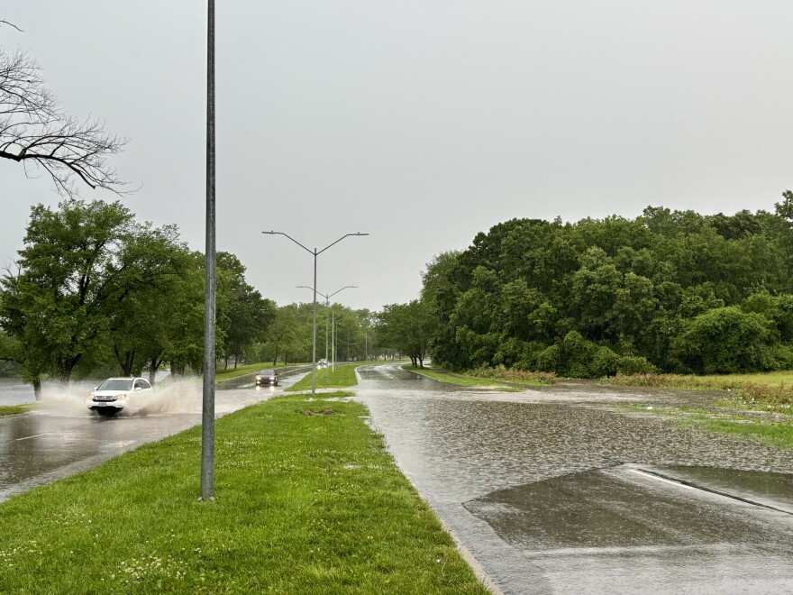 Flash flooding on Tuesday closes eastbound lanes at Cleaver II Boulevard and Elmwood.