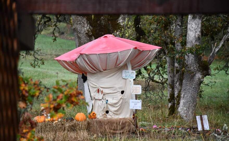 A Mushroom House made of fabric stands between trees
