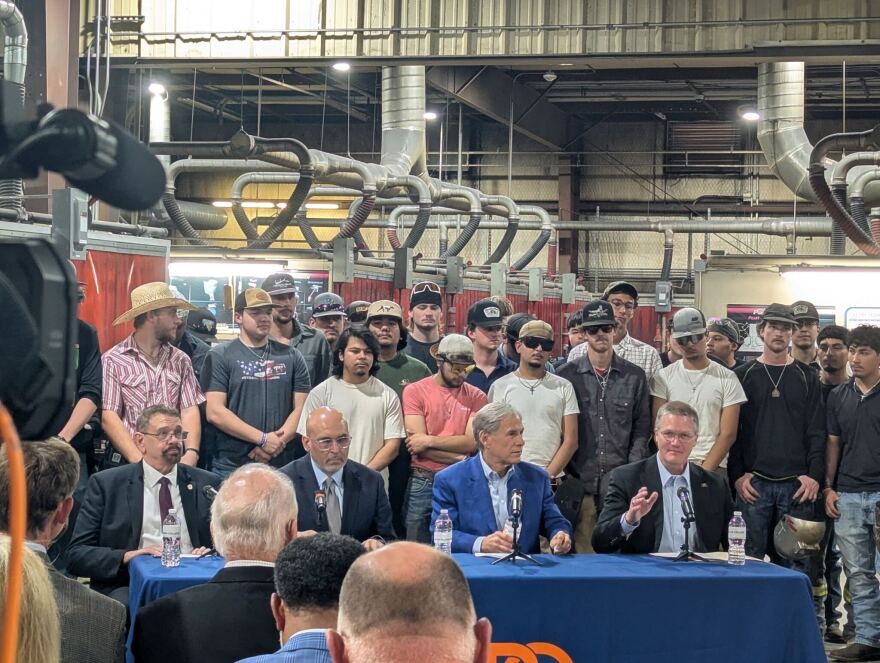 Gov. Abbott toured the Automotive Technology and Welding Facility on the South Plains College campus in Levelland. (seated left to right) Robert Mele, Teamsters 988 president and Texas Jobs Council member; Ray Martinez, President and CEO of Texas Association of Community Colleges; Gov. Greg Abbott; Robin Satterwhite, President of South Plains College. April 14, 2026.