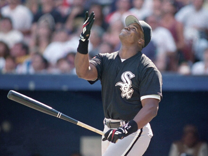 Frank Thomas of the Chicago White Sox reacts during a home run derby at Three Rivers Stadium in Pittsburgh, in 1994.