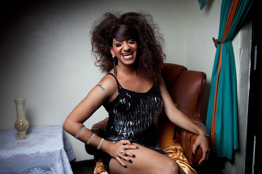 Chedino backstage during a performance of Divas in Cabaret at the Fergus Inn in Elsie's River, Cape Town, South Africa, in 2012. Divas in Cabaret was an LGBTQ lip-sync group started by Chedino that performed covers of songs by Whitney Houston, Gladys Knight and Tina Turner at beauty pageants and other events.