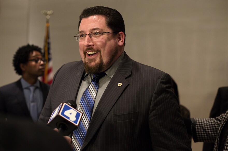 Ferguson Mayor James Knowles speaks to reporters in February 2016 after a City Council vote to amend the Department of Justice consent decree instead of approving it outright.