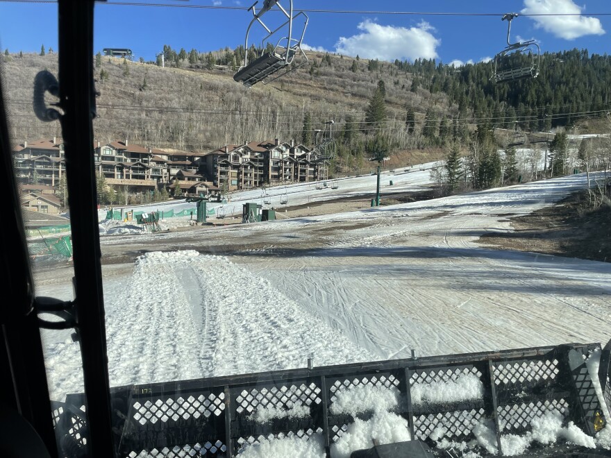 Melting snow is visible from inside a snowcat at Deer Valley Resort, March 26, 2026.