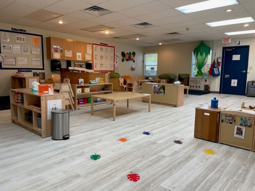 A classroom sits empty. 