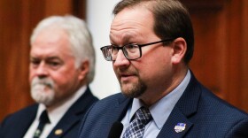 Rep. Martin Carbaugh (R-Fort Wayne) addresses the media during the unveiling of the Indiana House Republican 2025 agenda on Jan. 14, 2025. Rep. Brad Barrett (R-Richmond) stands in the background.