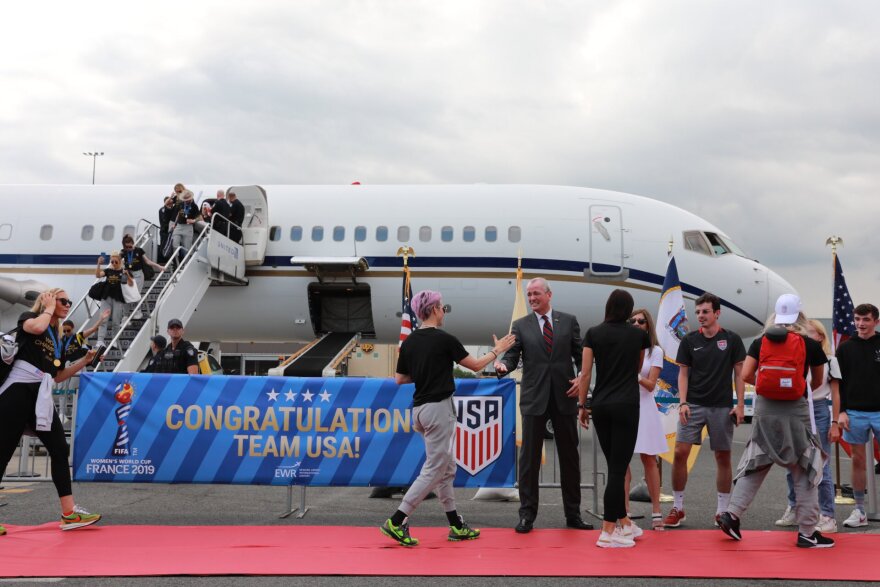 Governor Murphy and First Lady Tammy Murphy greet the United States Women's National Soccer Team at Newark Airport during their triumphant return home from their record-breaking fourth World Cup championship.