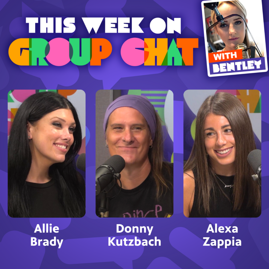 Purple background with THIS WEEK ON in white text and then the group chat logo. Photo of Bentley in the top right corner. Photos of each guest from the episode and their names in white text below that in the center