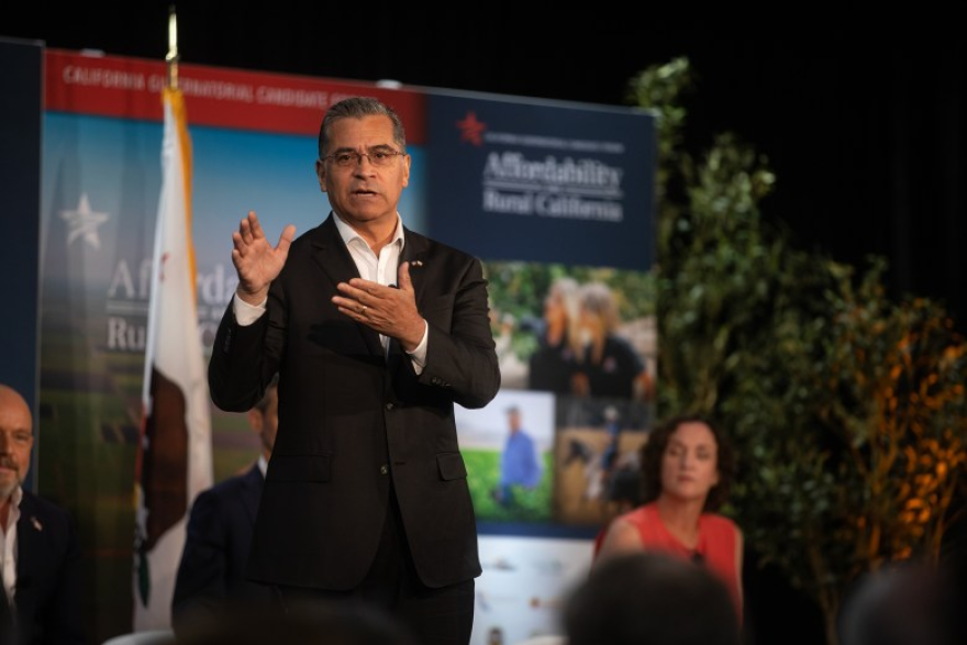 Democratic gubernatorial candidate Xavier Becerra speaks on stage during The Western Growers California Gubernatorial Candidate Forum at Fresno State in Fresno on April 1, 2026.