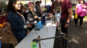 Science Festival visitors checking out the Florida State University Physics Department booth.