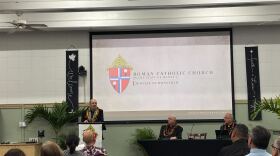 Father Michael Thomas Tupou Castori (left) speaks at the St. Stephen Diocesan Center on Oʻahu after he was announced as the next Bishop of the Diocese of Honolulu on May 6.