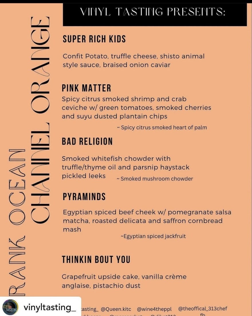 Vinyl Tasting's January menu, based on Frank Ocean's 2012 album Channel Orange. Each of the five courses are based on a different song from the album.