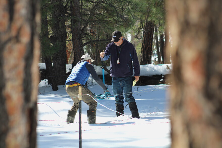 Two men stand in a snowy forest, holding a system of tubes and string and reading measurements from the tool