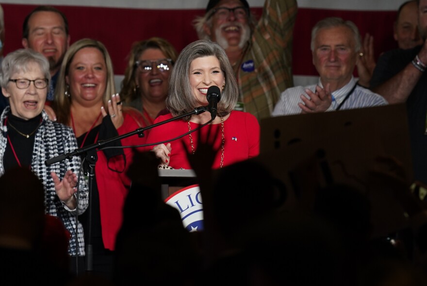 Republican Senate candidate Sen. Joni Ernst speaks to supporters at an election night rally, Tuesday, Nov. 3, 2020, in Des Moines, Iowa.