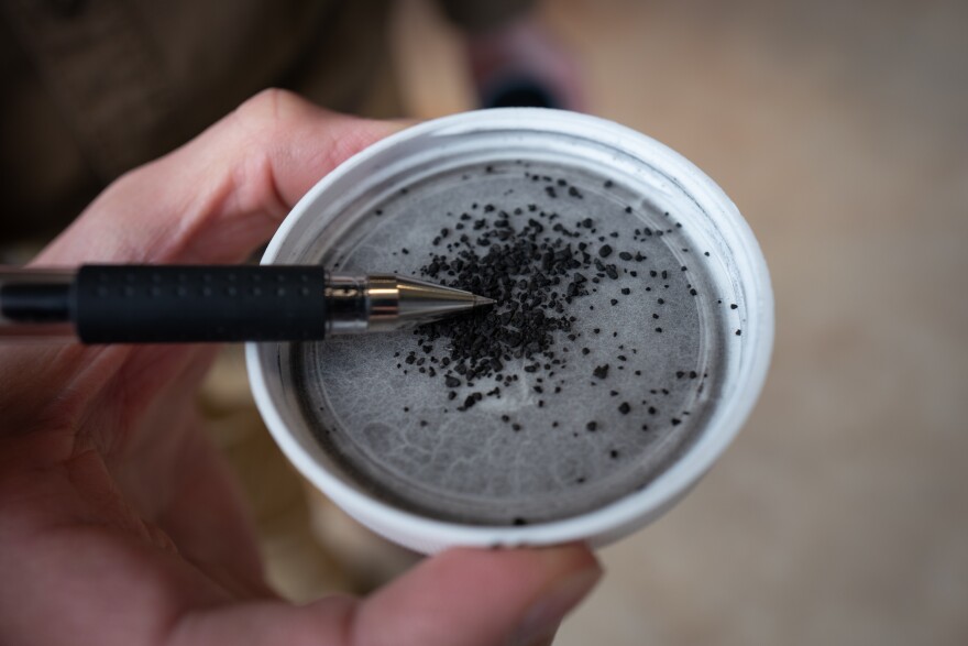 This granular activated carbon is used in the filtering system at NASA on Wallops Island near the town of Chincoteague to filter out PFAS contamination. The $2.5 million system costs about $400,000 annually to operate. Once the carbon is saturated with the chemicals, it is transported to a lined landfill.