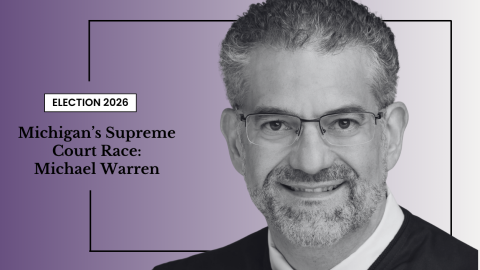 Black-and-white portrait of a man in glasses and a suit, with text about Michigan’s 2026 Supreme Court race and the name Michael Warren on a purple gradient background.