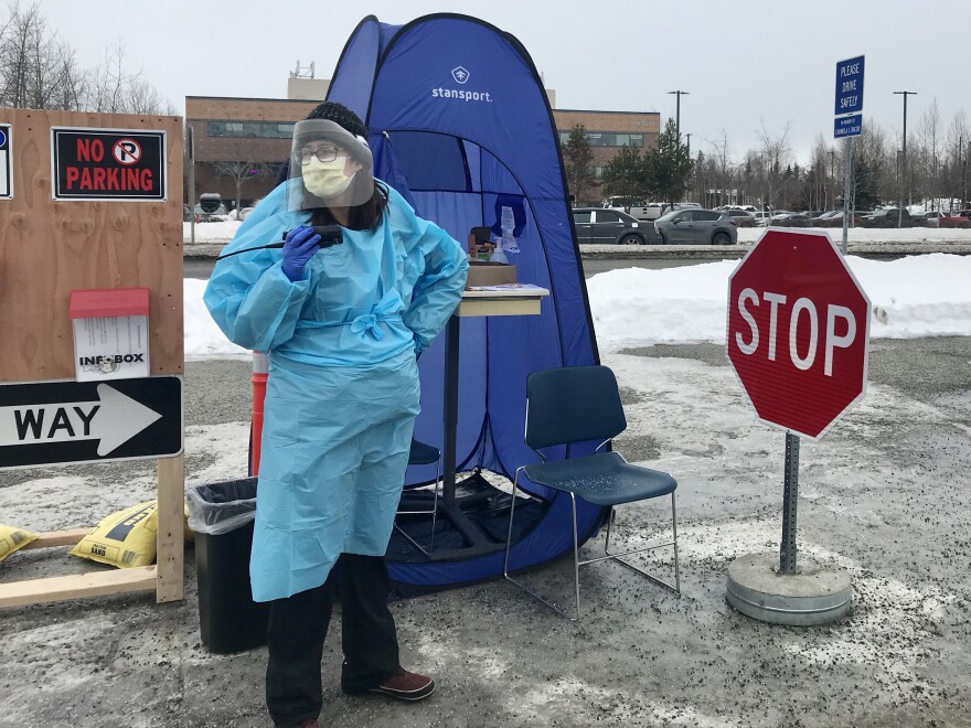 Trish Siza, a resident with Providence Alaska, was the first healthcare provider to greet people in Anchorage seeking drive-thru COVID-19 testing Tuesday, March 17, 2020. (Casey Grove/Alaska Public Media)