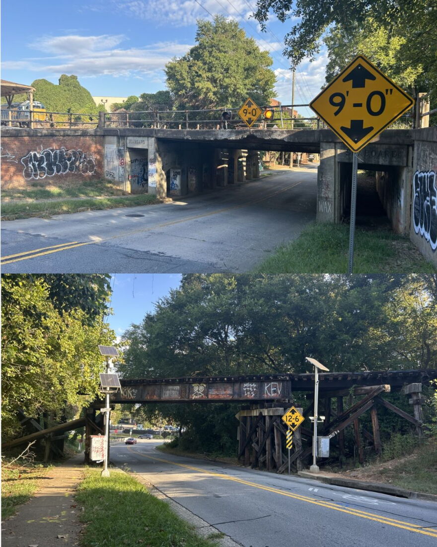 Two photos show low-clearance railroad trestles over roadways, with yellow height warning signs posted near each bridge.