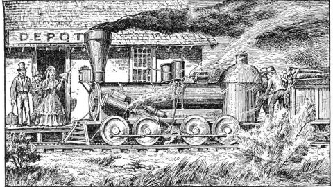 A black and white line drawing of an early steam locomotive stopped at a station labeled "DEPOT." The train's engine features a large, funnel-shaped smokestack emitting a thick plume of dark smoke. Several figures are present: a man in a top hat and a woman in a Victorian-style dress stand on the station platform, while workers near the back of the engine appear to be loading wood or coal .