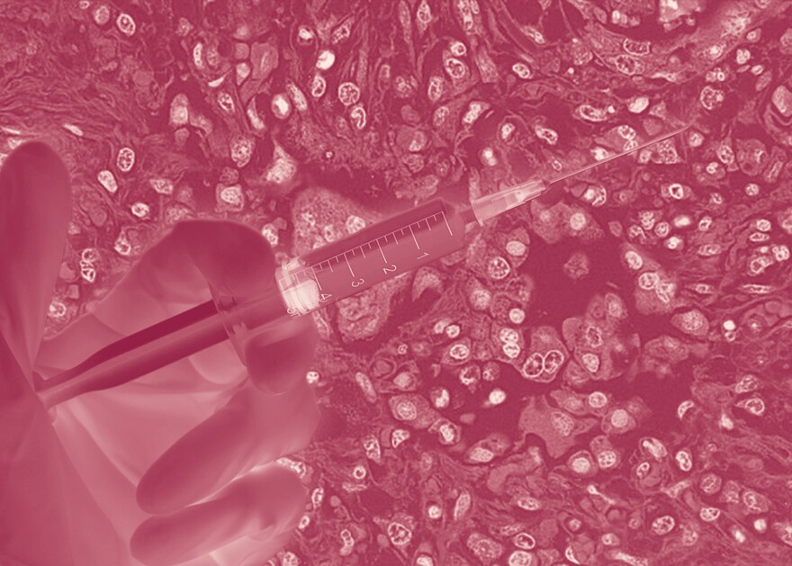 A photo illustration depicts a hand holding a syringe in front of a microscopic view of the measles virus on Thursday, Feb. 5, 2026. Health officials in North Florida respond to a measles outbreak with multiple cases now reported in Duval County amid a broader surge of infections across the state.
