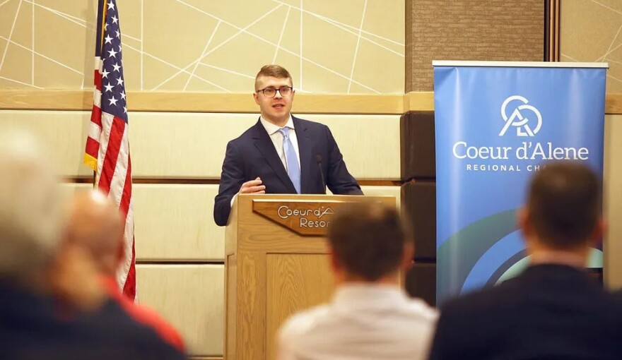 Sam Wolkenhauer, regional labor economist for the Idaho Department of Labor, speaks at The Coeur d'Alene Regional Chamber's Upbeat Breakfast at The Coeur d'Alene Resort in 2022.