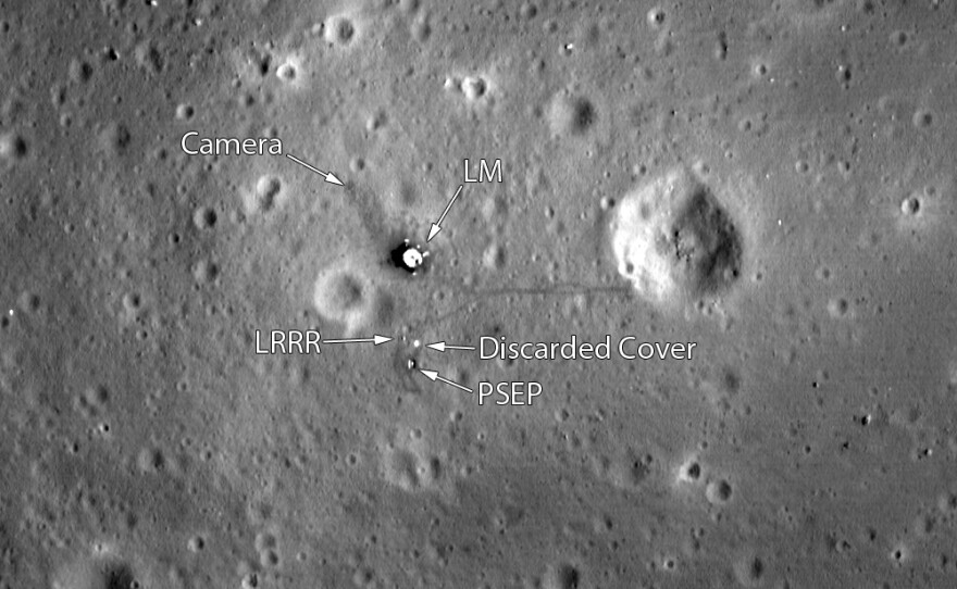 NASA image taken in 2012 by the Lunar Reconnaissance Orbiter (LRO) shows astronauts' footprints and equipment left on the moon by Apollo 11.