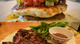 Red snapper from Maypop (top) and char-grilled pork steak with herbs from Marjie's Grill, two innovative new restaurants in New Orleans.