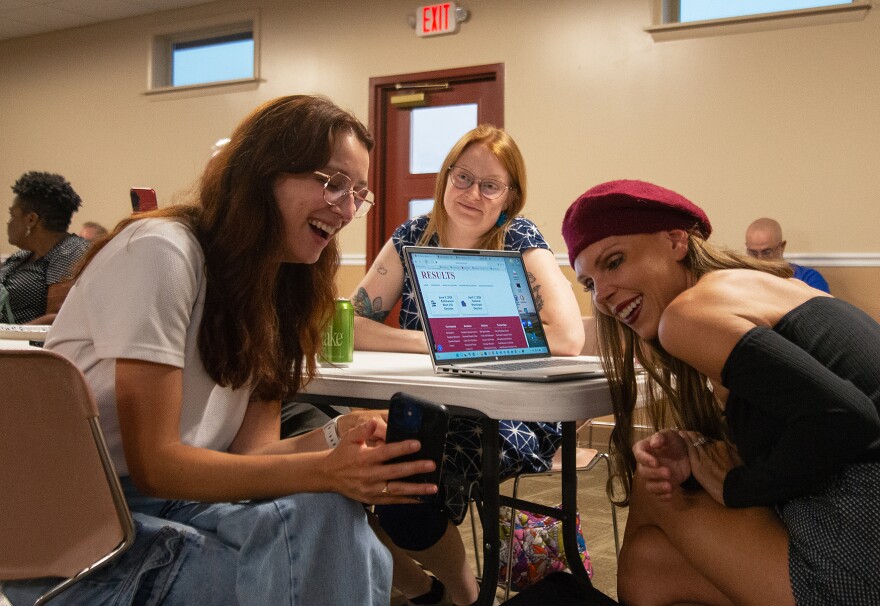 From left, Rachel Stallings, Vera Elwood and Kris Finley laugh at the watch party for Sharon Jones on Tuesday at the LiUNA Local 955 building in Columbia. Finley was tracking election results throughout the night.