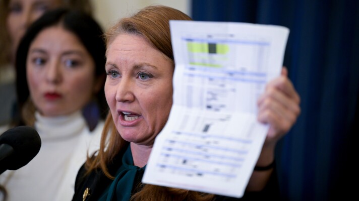 Rep. Melanie Stansbury, D-N.M., speaks during a news conference with members of the Democratic Women's Caucus, Democratic Senators House Judiciary Committee Democrats and survivors of Jeffrey Epstein in Washington, Tuesday, Feb. 24, 2026.