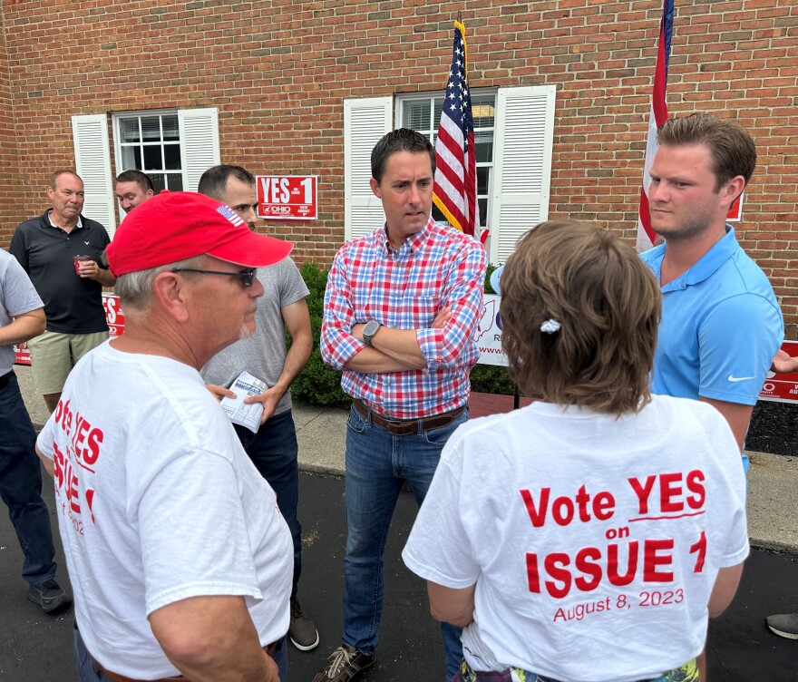 Secretary of State Frank LaRose talks to Issue 1 supporters at a “get out the vote” rally on July 8, 2023, the Saturday before early voting started for the Aug. 8 special election.