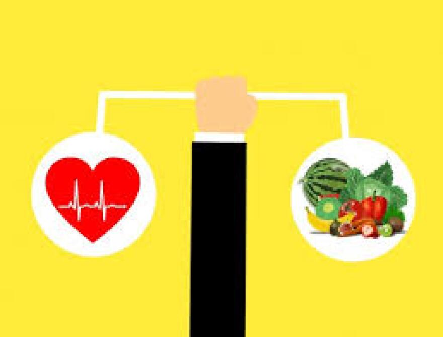 picture of balance of a healthy heart and what you intake like food and drink