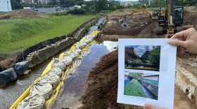 A view of Ore Branch now, with a photo of how it looked when a Ramada Inn stood on the site.