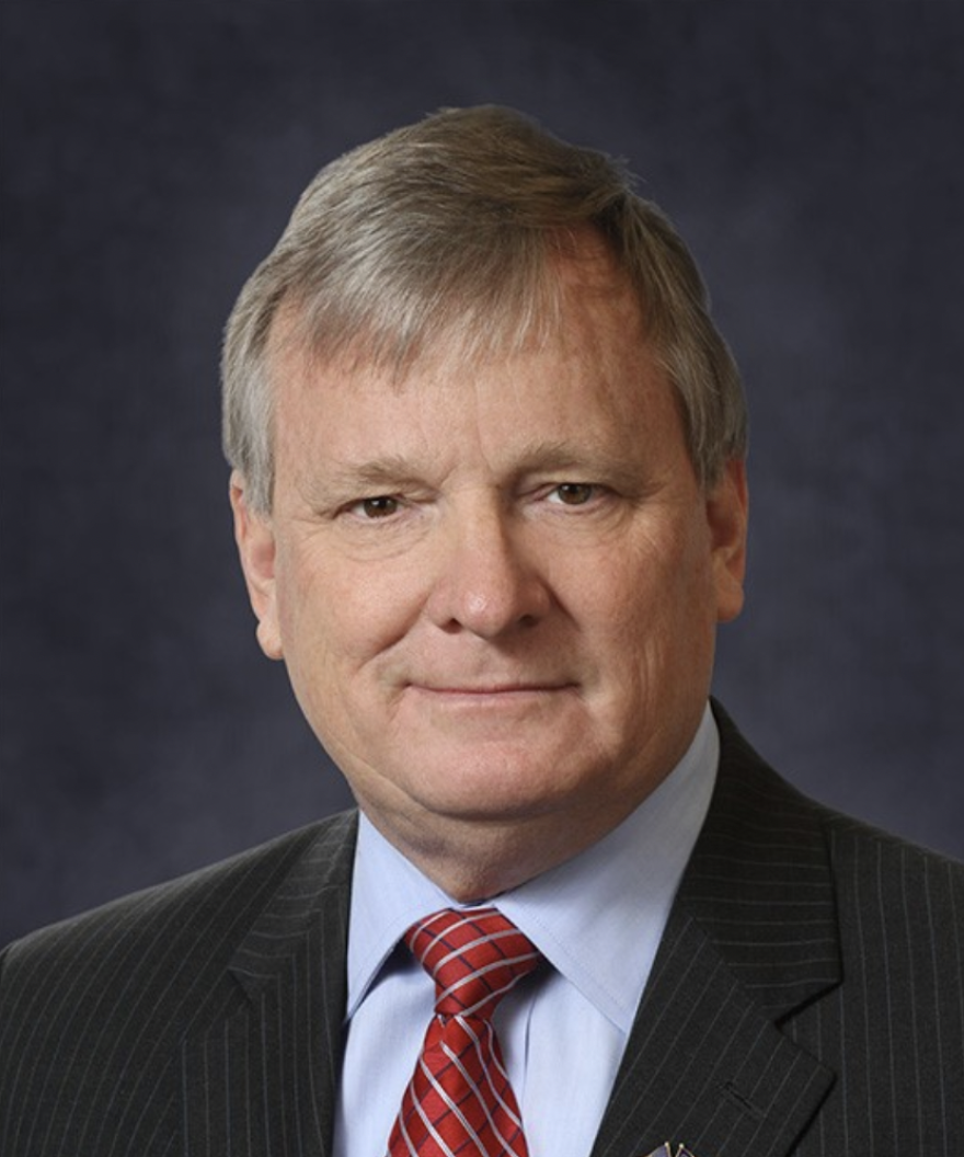 NC Treasurer Dale Folwell poses for his headshot with a black pinstripe suit jacket and red striped tie.