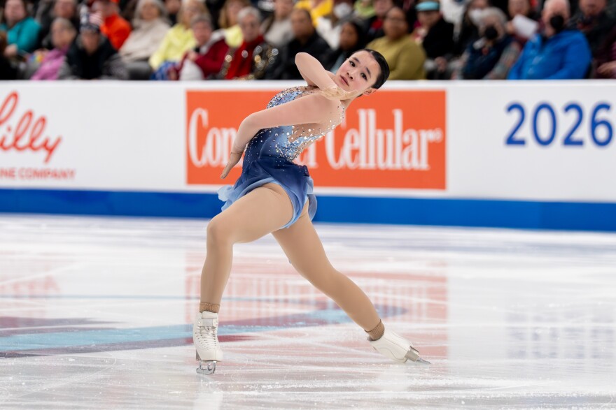 Elyce Lin-Gracey, of Pasadena FSC, competes in the women's short program during the 2026 U.S. Figure Skating Championships at the Enterprise Center on Wednesday, Jan. 7, 2026, in St. Louis’ Downtown West neighborhood.