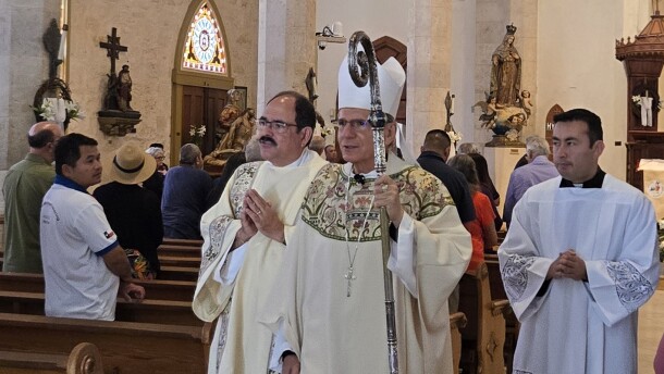 San Antonio Catholic Archbishop Gustavo Garcia-Siller leads a procession out of San Fernando Cathedral in downtown shortly after a mass on April 21 that honored the life of Pope Francis.