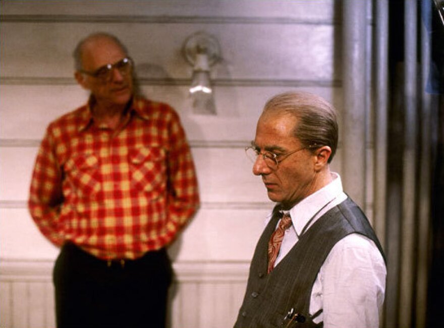 Playwright Arthur Miller (left) on set with Dustin Hoffman, who played Willy Loman on Broadway in 1984, and in a CBS Television adaptation of Miller's play in 1985.