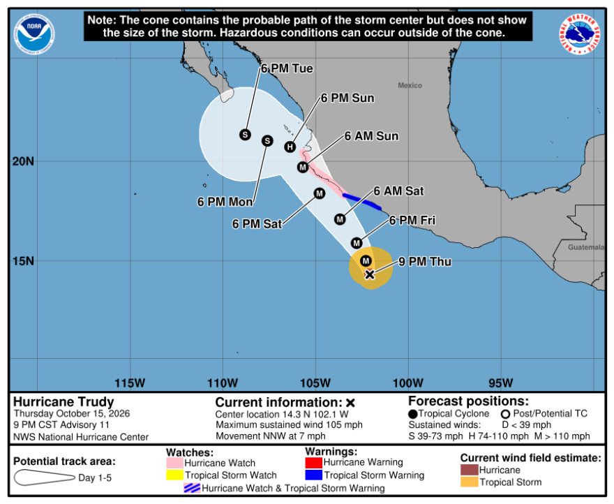 Hurricane Trudy storm track prediction as of October 15, 2026.