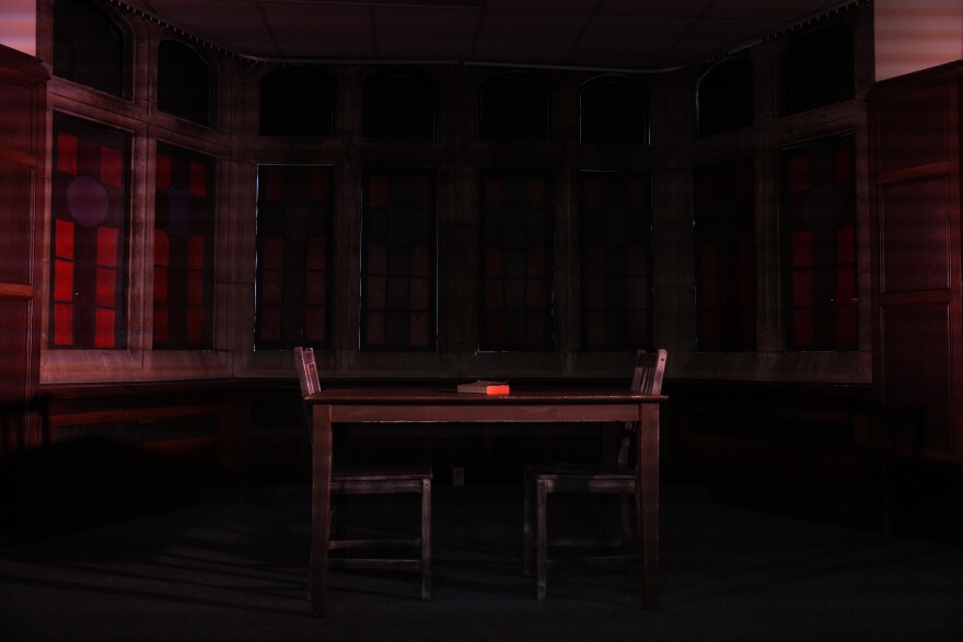 The set of “Prodigal Son.” The entirety of the play was created with Fletcher Library in mind, using its acoustics and interior. (Alexis Vivanco/WUFT News)
