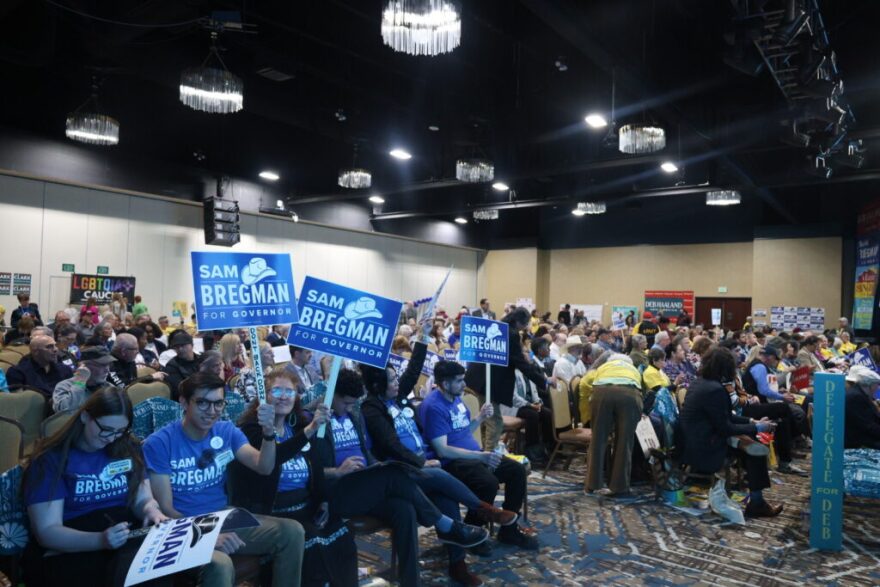 Bernalillo County DA Sam Bregman during the New Mexico Democratic pre-primary convention March 7, 2026, called out opponent Deb Haaland. (Patrick Lohmann/Source NM)
