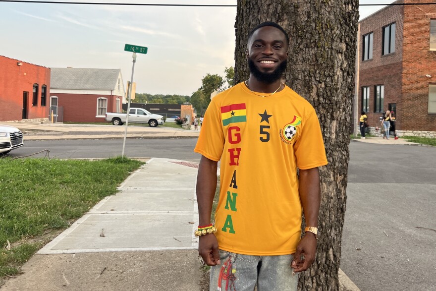 Thomas Afful, chief of Ghanians in Greater Kansas City, stands outside of Distrkct, a mutlimedia studio that's been turned into a home base for the group's watch parties.