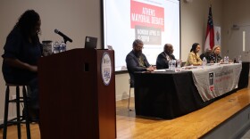 Alexia Ridley, far left, moderates a debate for Athens mayor featuring (from left) Tim Denson, Dexter Fisher, LaKeisha Gantt, Sharon Miller and Mara Zúñiga.